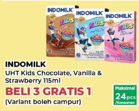 Promo Harga Indomilk Susu UHT Kids Cokelat, Vanila, Stroberi 115 ml - Yogya