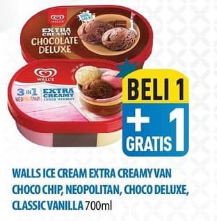 Promo Harga Walls Ice Cream Chocolate Vanilla With Chocolate Chip, Neopolitana, Chocolate Deluxe, Classic Vanilla 700 ml - Hypermart