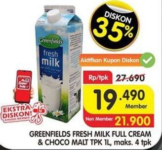 Promo Harga GREENFIELDS Fresh Milk Choco Malt, Full Cream 1000 ml - Superindo