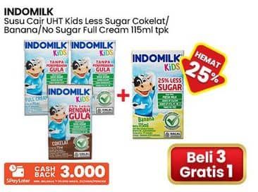 Promo Harga Indomilk Susu UHT Kids Full Cream, Less Sugar Cokelat, Banana 115 ml - Indomaret