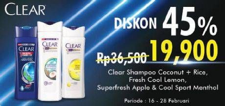 Promo Harga CLEAR Shampoo Coconut Rice Freshness, Lemon Fresh, Super Fresh Apple, Ice Cool Menthol 160 ml - Alfamart