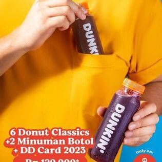 Promo Harga 6 Donut Classic + 2 Minuman Botol + DD Card 2023  - Dunkin Donuts