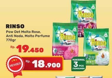 Promo Harga Rinso Anti Noda Deterjen Bubuk + Molto Pink Rose Fresh, + Molto Classic Fresh, + Molto Purple Perfume Essence 770 gr - Yogya