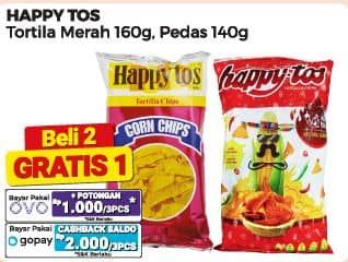 Promo Harga Happy Tos Tortilla Chips Hot Chili, Merah 140 gr - Alfamart