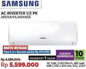 Samsung AR05AYHLAWKNSE Alpha Inverter Air Conditioner 0.5 PK  Diskon 9%, Harga Promo Rp5.599.000, Harga Normal Rp6.199.000, Spesifikasi :
- AC Split
- 5.000 Btu/h
- 485 Watt
- 698 x 258 x 200 mm 
- R32
- 220V
Garansi Kompresor 10 Tahun
Sparepart 1 Tahun
Gratis Instalasi Pipa 5m + Bracket Senilai Rp570.000