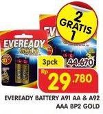 Promo Harga EVEREADY Battery A91 AA BP2 Gold, A92 AAA BP2 Gold per 3 pouch 2 pcs - Superindo