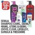 Promo Harga DOVE / CLEAR / LIFEBUOY / SUNSILK / TRESEMME Shampoo 320/340/480/670/680ml  - Hypermart