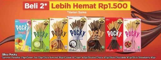 Promo Harga Glico Pocky Stick Double Choco, Matcha, Strawberry Flavour, Summer Paradise, Cookies Cream, Almond, Chocolate Flavour 29 gr - TIP TOP