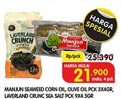 Promo Harga MANJUN Seaweed Corn Oil, Olive Oil 3x4gr. Laverland Crunch Sea Salt 9x4.5gr  - Superindo