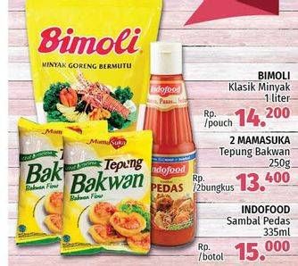 Promo Harga PAKET 35RB (BIMOLI 1 LT+ MAMASUKA TEPUNG BAKWAN + INDOFOOD SAMBAL)  - LotteMart