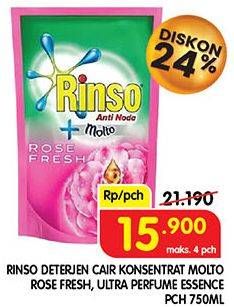 Promo Harga RINSO Liquid Detergent + Molto Purple Perfume Essence, + Molto Pink Rose Fresh 750 ml - Superindo