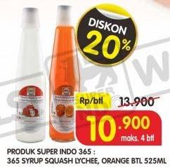 Promo Harga 365 Syrup Squash Orange, Lychee 525 ml - Superindo