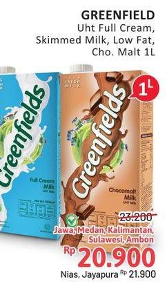 Promo Harga Greenfields UHT Full Cream, Skimmed Milk, Low Fat, Choco Malt 1000 ml - Alfamidi