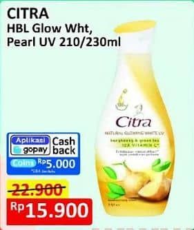 Promo Harga Citra Hand & Body Lotion Natural Glowing White UV Bengkoang Green Tea, Pearly White UV Korean Pearl Mulberry 230 ml - Alfamart
