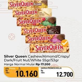 Promo Harga Silver Queen Chocolate Cashew, Almonds, Crispy, Dark Chocolate, Fruit Nuts, White Chocolate 55 gr - Carrefour