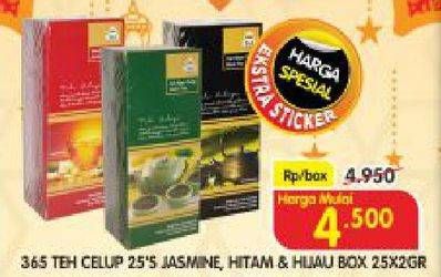 Promo Harga 365 Teh Celup Jasmine, Hitam, Hijau per 25 pcs 2 gr - Superindo
