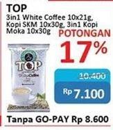Promo Harga Top Coffee Kopi 3 In 1 White Coffee, Kopi Susu Kental Manis, 3 In 1 Kopi Moka 10 pcs - Alfamidi