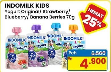 Promo Harga Indomilk Kids Yogurt Original, Strawberry, Blueberry, Banana Berries 70 gr - Indomaret