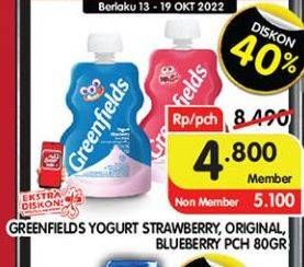 Promo Harga Greenfields Yogurt Squeeze Blueberry, Original, Strawberry 80 gr - Superindo