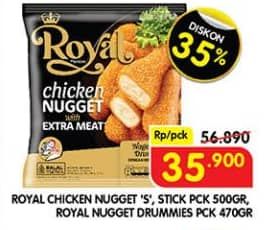 Promo Harga Belfoods Royal Nugget Chicken Nugget S, Chicken Nugget Stick, Chicken Nugget Drummies 500 gr - Superindo