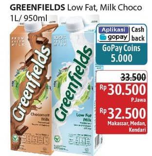 Promo Harga Greenfields UHT Low Fat, Choco Malt 1000 ml - Alfamidi