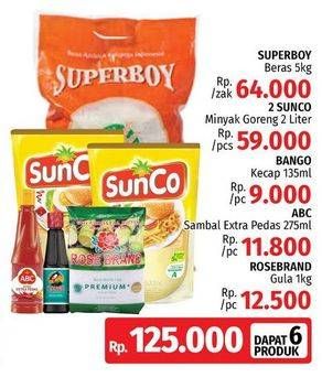 Promo Harga Superboy Beras + Sunco Minyak Goreng + Bango Kecap+ ABC Sambal + Rose Brand Gula  - LotteMart