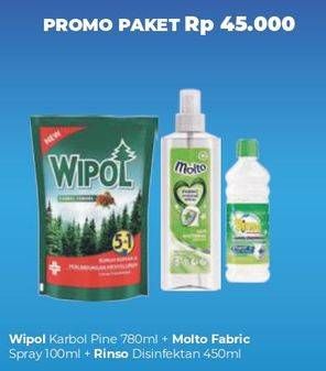 Promo Harga WIPOL Karbol Pine 780ml + MOLTO Fabric Spray 100ml + RINSO Disinfektan 450ml  - Carrefour