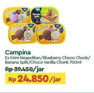 Promo Harga Campina Ice Cream Neapolitan, Blueberry Choco Chunk, Banana Split, Chocolate Vanilla Choco Chunk 700 ml - TIP TOP