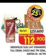 Promo Harga GREENFIELDS UHT Choco Malt, Full Cream, Strawberry per 40 pcs 125 ml - Superindo