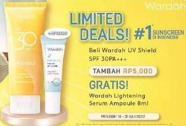 Promo Harga Beli Wardah UV Shield SPF 30PA+++ Gratis Wardah Lightening Serum Ampoule 8ml  - Alfamart