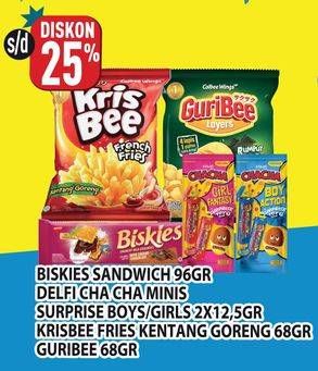 Promo Harga Biskies Sandwich Biscuit/Delfi Cha Cha Minis/Cupcake Surprise Asst/Krisbee French Fries/Guribee Layers   - Hypermart