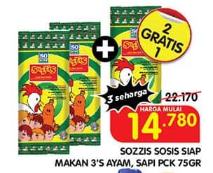 Promo Harga So Good Sozzis Ayam, Sapi per 3 pcs 25 gr - Superindo