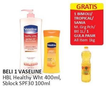 Promo Harga VASELINE Hand Body Lotion Healthy White 400ml, Sunblock SPF30 100ml  - Alfamart