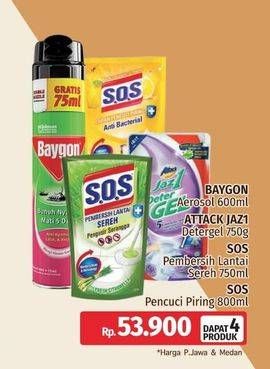Promo Harga BAYGON Aerosol + ATTACK JAZ1 Detergel + SOS Pembersih Lantai + SOS Pencuci Piring  - LotteMart