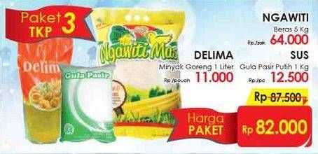 Promo Harga Ngawiti Beras + Sus Gula Pasir + Delima Minyak Goreng  - LotteMart