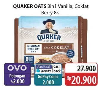 Promo Harga Quaker Oatmeal 3in1 Cokelat, 3in1 Vanilla, 3 In 1 Berry Burst per 8 pcs 28 gr - Alfamidi