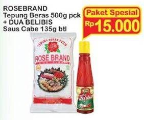 Promo Harga ROSE BRAND Tepung Beras 500gr + DUA BELIBIS Saus Cabe 135ml  - Indomaret