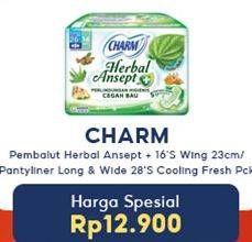 Promo Harga CHARM Pembalut Herbal Antisept+ 16s Wing 23 cm/ Pantyliner Long & Wide 28s Cooling Fresh  - Indomaret