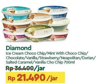 Promo Harga Diamond Ice Cream Chocolate With Chocolate Chip, Mint With Chocolate Chip, Cokelat, Vanila, Stroberi, Neapolitan, Durian, Salted Caramel, Vanilla With Chocolate Chip 700 ml - TIP TOP