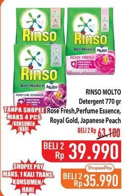 Promo Harga Rinso Anti Noda Deterjen Bubuk + Molto Pink Rose Fresh, + Molto Purple Perfume Essence, + Molto Royal Gold, + Molto Japanese Peach 770 gr - Hypermart