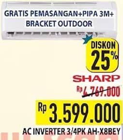 Sharp AH-X8BEY/WH  Diskon 24%, Harga Promo Rp3.599.000, Harga Normal Rp4.769.000, Gratis Pemasangan + Pipa 3m + Bracket Outdoor