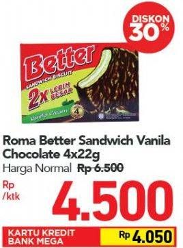 Promo Harga ROMA Better Sandwich Vanilla Cream per 4 pcs 22 gr - Carrefour