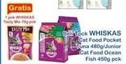 Promo Harga WHISKAS Cat Food Tuna 480gr/ Junior Mackarel Ocean Fish 450gr  - Indomaret