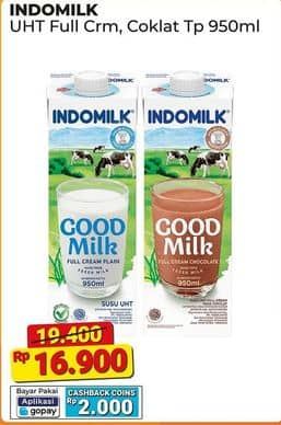 Promo Harga Indomilk Susu UHT Full Cream Plain, Cokelat 950 ml - Alfamart
