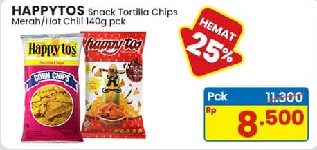 Promo Harga Happy Tos Tortilla Chips Hot Chili, Merah 140 gr - Indomaret