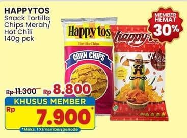 Promo Harga Happy Tos Tortilla Chips Merah, Hot Chili 140 gr - Indomaret