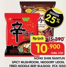 Promo Harga Nongshim Noodle Beef Bulgogi, Neoguri Udon, Shin Ramyun Spicy Mushroom 105 gr - Superindo