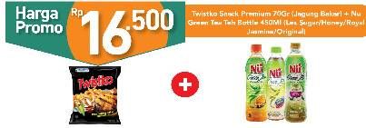 Promo Harga TWISTKO Snack Jagung Bakar 70gr+NU Green Tea Original/ Honey/ Jasmine/ Less Sugar 450ml  - Carrefour
