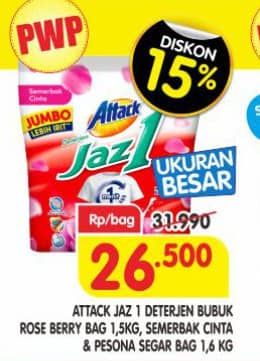 Promo Harga Attack Jaz1 Detergent Powder Semerbak Cinta, +Softener Rose Berry, Pesona Segar 1400 gr - Superindo
