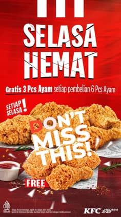 Promo KFC Gratis 3 pcs setiap pembelian 6 pcs Ayam setiap SELASA